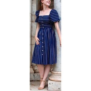 Vintage Wendy One Puff Sleeve Striped Midi Dress Button Down Size XS CottageCore